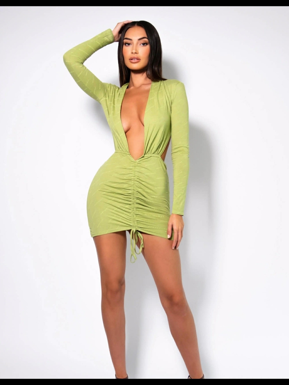 Lime Backless Ruched Mini Dress